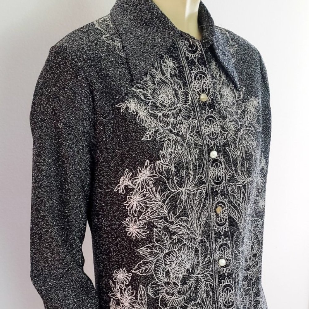 FINAL SALE 1970s metallic blouse M L embroidered silver button front